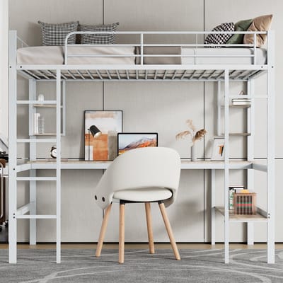 90x200 cm hoogslaper met bureau - met vier kleine planken en een grote boekenkast - wit - zonder matras