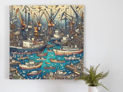 Olieverf haven schilderij | Havenhavenmeester's meesterwerk: een oliestad op doek tot leven gebracht | Kunst - 60x60 centimeter op Canvas | Foto op Canvas