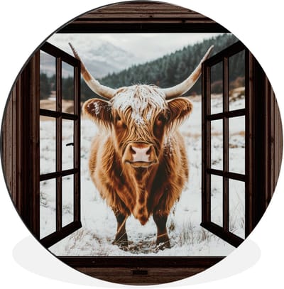 WallCircle - Wandcirkel - Muurcirkel - Schotse Hooglander - Landschap - Landelijk - Bergen - Winter - Doorkijk - Donker - Aluminium - Dibond - 30x30 cm - Binnen en Buiten
