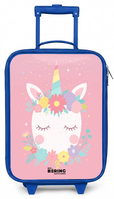 NoBoringSuitcases.com® - Kinderkoffer blauw - Kindertrolley jongen - Eenhoorn - Bloemen - Roze - Koffer kind lichtgewicht - Reiskoffer trolley voor kinderen - Koffertje met lichtgevende wieltjes - Rolkoffer