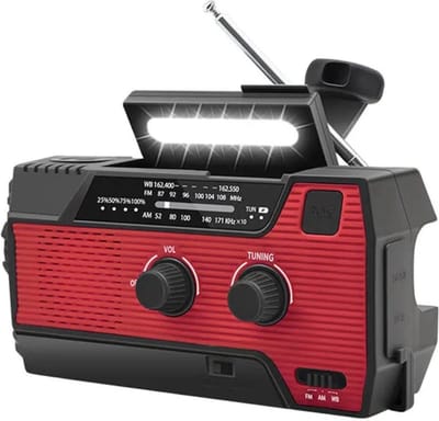 Noodradio Solar Opwindbaar en Batterij - Noodpakket - Draagbare Survival Radio - 4000 mAh - Powerbank Zonneenergie - Bouwradio - Zaklamp – Rood