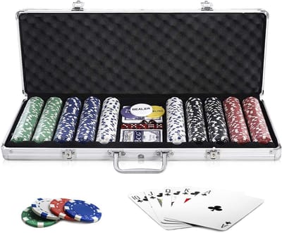 COSTWAY Pokerset met 500 laserchips, pokerkoffer, aluminium, pokerchips, complete set pokerkoffer met doek, 2 pokerdecks