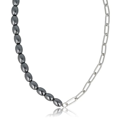 My Bendel - Zilverkleurige Schakelketting met Zwarte Parels - met Luxe Cadeauverpakking | Sieraden Voor Dames