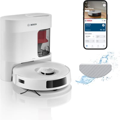 Bosch Spotless + BCRD1W Robotstofzuiger met Dweilfunctie, 11,000 Pa Zuigkracht, Statische natte dweil, Droog servicestation, Smart Vision Infrarood Navigatie, Bosch Home Connect App, Wit