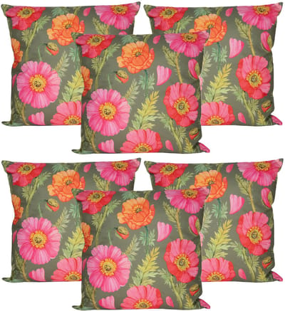 Anna's Collection Sierkussen voor binnen en buiten - 6x - klaprozen bloemen - groen/roze - 60 x 60 cm - tuinkussens