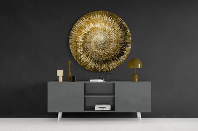 Rond Glasschilderij - Abstract - Gouden Zonnestraal – Print met Mozaïek-effect - 80 cm