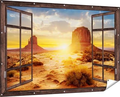 Gards Tuinposter Doorkijk Zonsondergang in Woestijn Monument Valley - 180x120 cm - Tuindoek - Tuindecoratie - Wanddecoratie buiten - Tuinschilderij