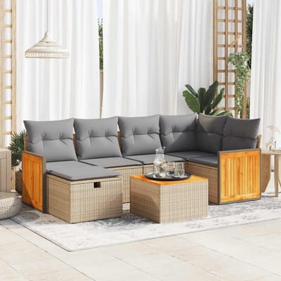 vidaXL - 7-delige - Loungeset - met - kussens - poly - rattan - beige