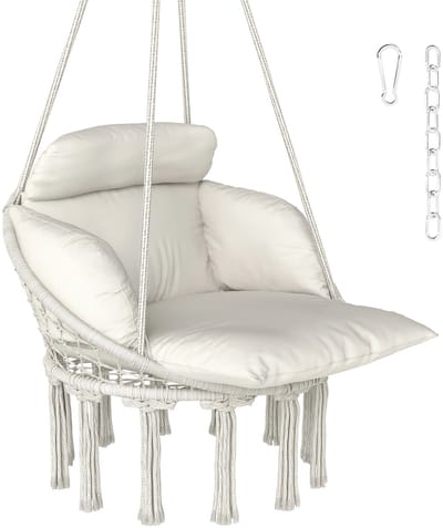 Delightness Hangstoel - Schommelstoel - Met kussens - Hangmatstoel - Gevlochten - Bohemian - Buiten - Tuin - 80x60x110cm - Beige