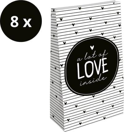 8 x Papieren XL Cadeauzakjes Blokbodem | Traktatie Grote Uitdeelzakjes | Hartjes Zwart Wit | Leuke Verpakking Cadeau | 14 x 8 x 26 cm