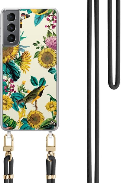 Casimoda® hoesje met zwart koord - Geschikt voor Samsung S21 Plus - Zonnebloemen / Bloemen - Afneembaar koord - TPU/polycarbonaat - Geel