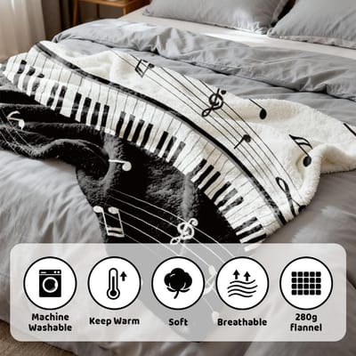 Dailygoods - Werpdeken Piano Muzieknoten Zachte Flanel Deken Voor Bed Sofa Klassiek Interessant Instrument Super Warme Volwassen Deken Voor Woondecoratie Zwart Wit 150 x 130 mm