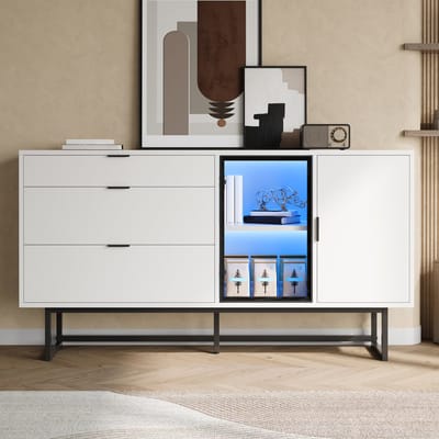 MODFU - Dressoir - Met 3 Laden En Glazen Deuren - Modern - Voor Eetkamer Of Woonkamer - MDF En Spaanplaat - Wit - 160 x 36 x 78 cm