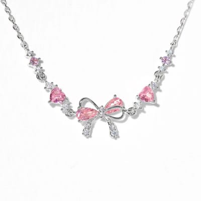 Y2K Prachtige Zoet Roze Zirconia Strik Roestvrij Staal Liefdeshart Ketting Armband Voor Vrouwen Meisjes Feest Verjaardag Sieraden Cadeaus white