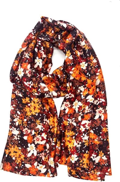 Lange dames sjaal Hanneke gebloemd motief oranje meloen bruin wit roze rood goud