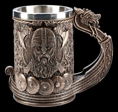Fantasy Bierkan - Drakkar Humpen - Themafeesten Thuis - Roestvrijstalen Inzet - Hoogte 15cm - Bronskleurig