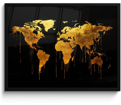 Poster in lijst - Fotolijst 80x60 cm - Posters - Wereldkaart - Goud - Druipen - Zwart - Posterlijst zwart - Decoratie - Wanddecoratie woonkamer - Muurdecoratie slaapkamer