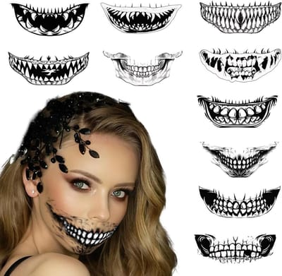 Set van 10 Halloween Tatoeages voor Gezichtsmake-up - Skelet, Vampier en Boze Glimlach Stickers voor Volwassenen en Kinderen