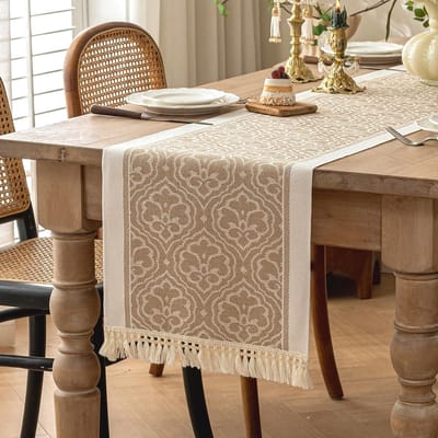 1 stuk - Tafelloper - Waterdicht - Boheemse stijl - Met kwastjes - Geschikt voor eettafels, dressoirs, salontafels - Ideaal voor feestelijke gelegenheden en dagelijks gebruik - Tafeldecoratie - 35 x 210 cm - Koffiebruin