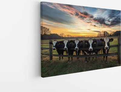 Saammp Canvas Schilderij - Koeien bij een hek - Dieren - Natuur - 45x30 - Foto op canvas - Wanddecoratie - Muurdecoratie Woonkamer - Slaapkamer decoratie - Canvas Print