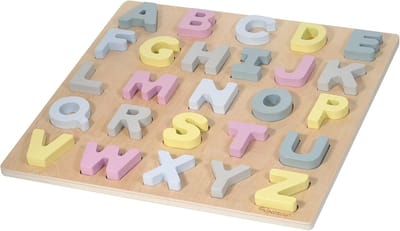 Houten Letterpuzzel - Alfabet Puzzel - Leren Lezen - Zachte Kleuren - 29.5 x 29.5 cm - Roze Geel Grijs
