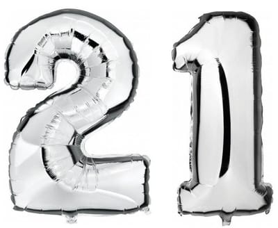 21 jaar zilveren folie ballonnen 88 cm leeftijd/cijfer - Leeftijdsartikelen 21e verjaardag versiering - Heliumballonnen
