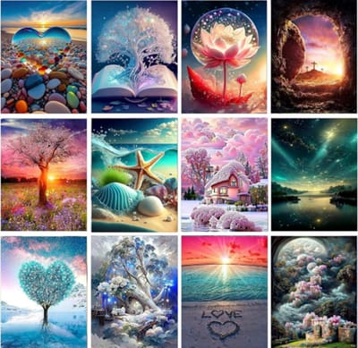 Huntex 12-Pack Diamond Painting Kit - Diamond painting Volwassenen - Diamond Painting kinderen - DIY Paint op Nummer - Ronde Steentjes voor Beginners en Gevorderden - 30x40cm