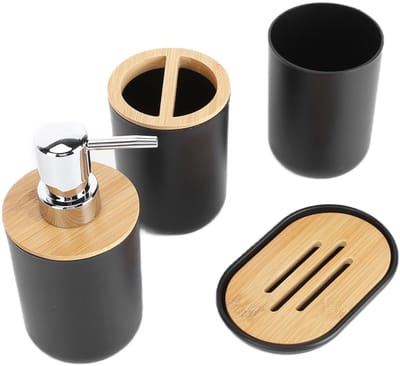 Dailygoods- Badkameraccessoireset 4-delig - Tandenborstelhouder - Zeepbakje - Lotiondispenser - Beker - Kunststof/bamboe - Badkamer Set