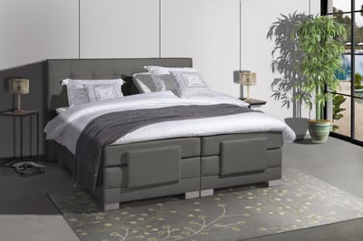 Anno 1588 Elektrische Boxspring LUXA - Pocketvering - Luxe Topper - Antraciet Lederlook - 90x200 cm - Inclusief Montage + Dekbed en Kussens