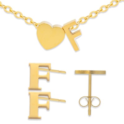 Initiaal Armband & Oorbellen set met Letter F Goudkleurig - Stainless Steel - Met letter & Hartje! - 2x Sieraden Cadeau - Pax Amare