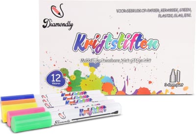 Diamondly Krijtstiften Set van 12 (Incl.  2 Metallic Kleuren) 6mm stiften - Raamstiften – Whiteboard & Porselein Stiften/Marker – Glasstiften voor Kinderen/Volwassenen – Krijtstift voor Krijtbord