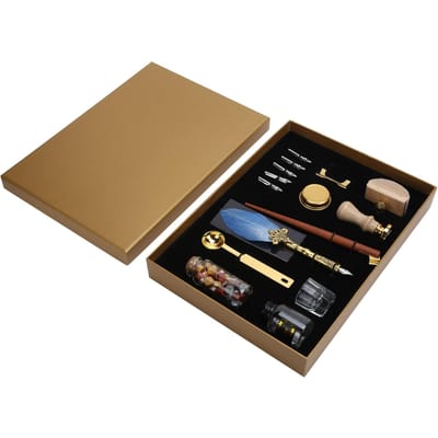Ensemble de Cire pour Stylo à Plume Plume d'Oie Encre à Tremper Écriture Kit de Tampon Papeterie Étudiant Vintage Boîte Cadeau SP225038 brown
