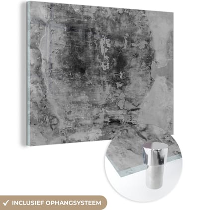 Glasschilderij - Zwart - Steen - Wit - Industrieel - 160x120 cm - Wanddecoratie - Decoratie woonkamer