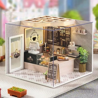 Cutebee DIY Poppenhuis Kit met Meubels en Licht Koffiehuis Miniatuur Poppenhuis Houten Model Speelgoed voor Volwassen Verjaardagscadeaus lichtgrijze kleur