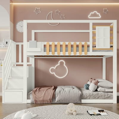 VVBV Stapelbed 90x200 cm - Planken, Trap/Ladder, Uitvalbeveiliging, Huisdesign, Voor Kinderen/Tieners - Massief Hout Wit