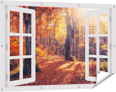 Gards Tuinposter Doorkijk Oranje Herfstbos met Zonneschijn - 120x80 cm - Tuindoek - Tuindecoratie - Wanddecoratie buiten - Tuinschilderij