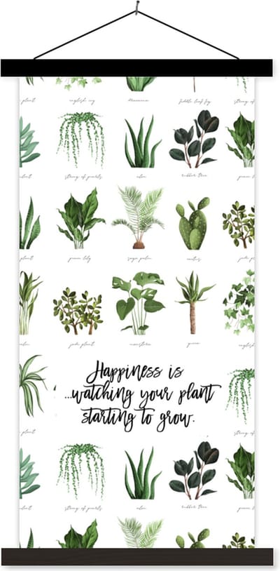 Posterhanger incl. Poster 40x80 cm - Schoolplaat - Quotes - Happiness is... watching your plant starting to grow - Spreuken - Kamerplanten - Textielposter - Zwarte latten