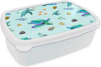 Broodtrommel Wit - Lunchbox - Brooddoos - Regenboog - Schildpad - Vis - Water - Patronen - 18x12x6 cm - Volwassenen