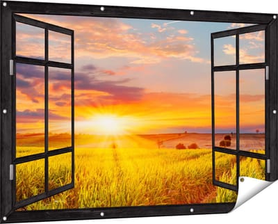 Gards Tuinposter Doorkijk Zonsopgang op het Maïsveld - 150x100 cm - Tuindoek - Tuindecoratie - Wanddecoratie buiten - Tuinschilderij