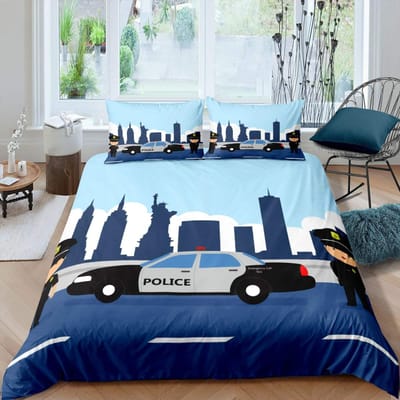 Politieauto Koning Koningin Dekbedovertrek Cartoon Zwart Politieauto Beddengoed Set Jongens Rood Blauw Politielichten 2/3 stuks Polyester Dekbedovertrek 135x200cm 2pcs