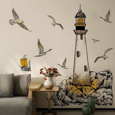 Dailygoods - Vuurtoren Muursticker met Nautische Zeemeeuw - Decoratieve Muurstickers voor Kinderen