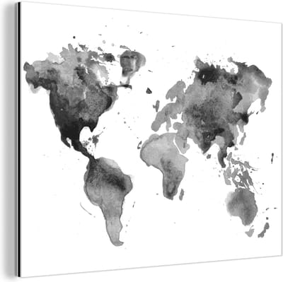 Aluminium schilderij 160x120 cm - Wanddecoratie metaal - Wereldkaart - Aquarel - Zwart - Metalen muurdecoratie woonkamer - Decoratie industrieel - Foto op dibond - Industriële accessoires slaapkamer