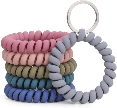 Keycord-Set van 6 elastische polsbandjes met sleutelhanger – Spiraalvormig ontwerp – Praktisch voor sauna, sportschool, zwembad, badges en buitensporten