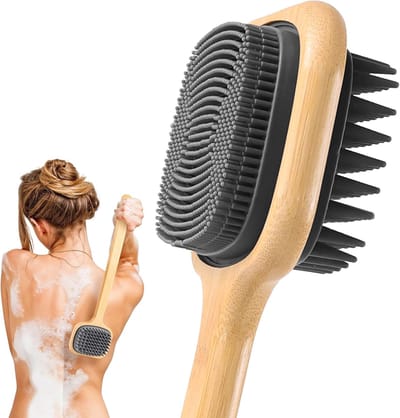 Famanu – Rugschrobber voor mannen voor douche, 16, 92 inch dubbelzijdige doucheborstel voor lichaam siliconen borstelharen, verdikking bamboe handvat, wandmontage, nat of droog gebruik voor bad
