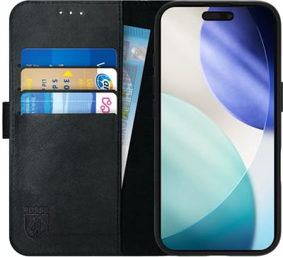 Rosso Deluxe Echt Leer Hoesje Geschikt voor Apple iPhone 17 Pro | Ruimte voor drie pasjes | Portemonnee Book Case | Met Pasjeshouder | Zwart