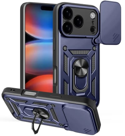 MobyDefend Hoesje - Geschikt voor iPhone 17 Pro - Pantsercase Met Draaibare Ring - Blauw