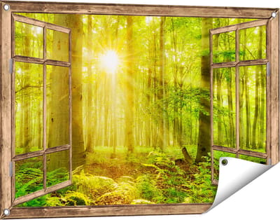 Gards Tuinposter Doorkijk Groen Bos met Schijnende Zonnestralen - 90x60 cm - Tuindoek - Tuindecoratie - Wanddecoratie buiten - Tuinschilderij