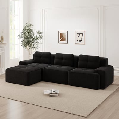 Wishdor - Modulaire Hoekbank Met Ottomaan - Diepe Zitting En Montagevrij - Minimalistisch Voor Woonkamer - Ribstof - Zwart - 74 Cm Diepe Zitting