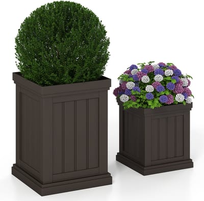 COSTWAY Plantenbakken, vierkant, 48/31,5 cm hoog, plantenbakken, weerbestendig, stapelbaar, bloempotten met afwateringsgaten, PP-kunststof, bloempot voor tuin, terras, achtertuin, balkon, bruin