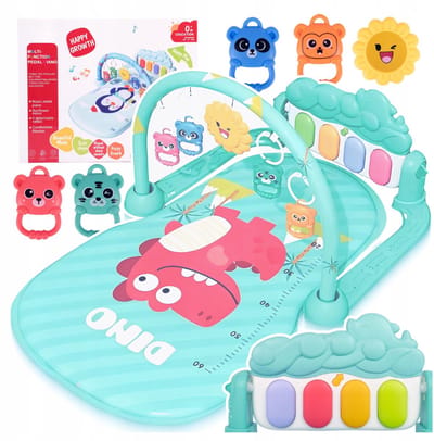 Playos® - Babygym met Piano - Blauw - Dino - met Afneembare Rammelaars - Speelmat - Baby Speelgoed - Kraamcadeau - Dinosaurus - Bijtringen